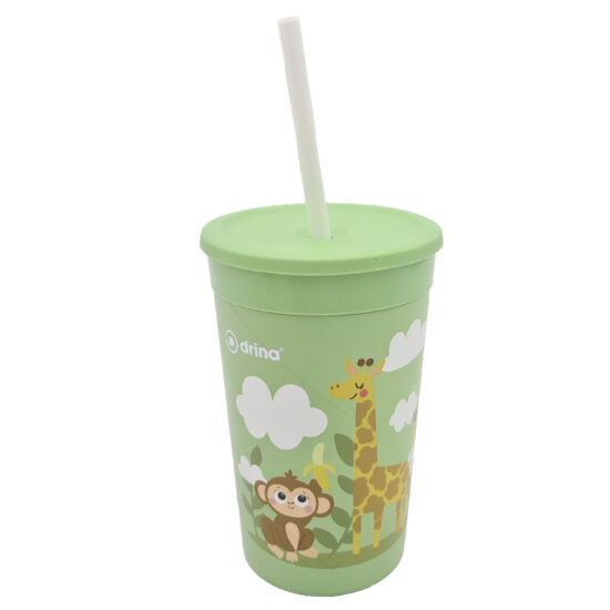 Műanyag pohár fedővel és szívószállal 0,33dl - Zsiráf és majom