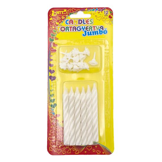Jumbo 12 db fehér tortagyertya - 12 db tartóval